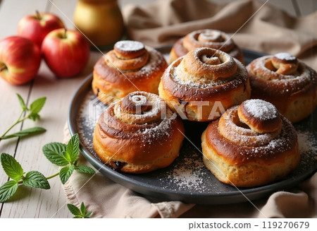 fresh sweet buns with cinnamon, mint, apples 119270679