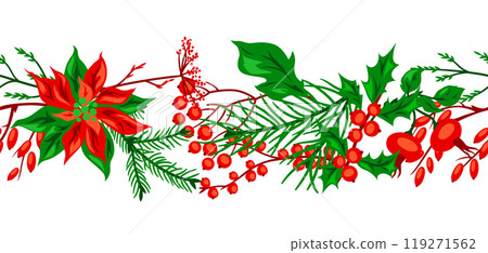 Pattern with winter plants. Merry Christmas and Happy New Year decoration. Pattern with winter plants. Merry Christmas and Happy New Year decoration. 119271562