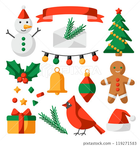 Set of Merry Christmas objects. Holiday items in cartoon style. Set of Merry Christmas objects. Holiday items in cartoon style. 119271583