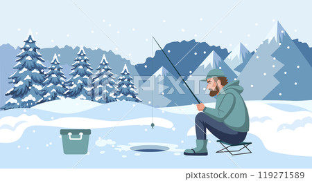 Man on winter fishing. Fisherman with a fishing rod on the background of a winter landscape. Hobby concept. Illustration Man on winter fishing. Fisherman with a fishing rod on the background of a winter landscape. Hobby concept. Illustration 119271589