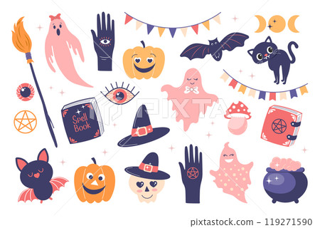 Halloween cute set of elements. Pumpkins, spell book, scary black cat, bat, ghosts, witch hat. Flat style illustration Halloween cute set of elements. Pumpkins, spell book, scary black cat, bat, ghosts, witch hat. Flat style illustration 119271590