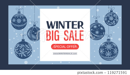 Winter sale banner template with christmas balls and snowflakes. Social media banner. Illustration Winter sale banner template with christmas balls and snowflakes. Social media banner. Illustration 119271591