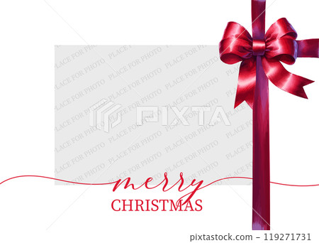 Merry Christmas. Festive Template with place for photo with watercolor ribbon and bow. 119271731