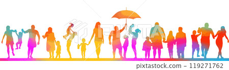 Family colored parents and kids outdoor activities in park silhouettes . People seniors adults teens kids having fun playing together outside silhouette. hand drawn. Not AI, Vector illustration 119271762