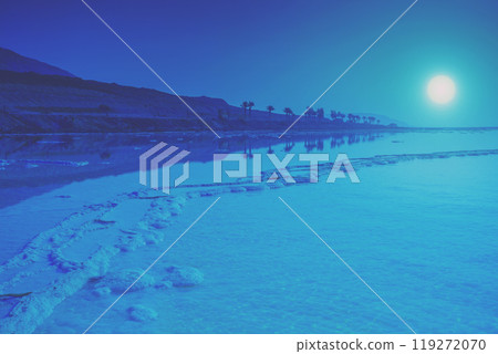 Seascape in dark trendy blue. The Dead Sea at night Seascape in dark trendy blue. The Dead Sea at night 119272070