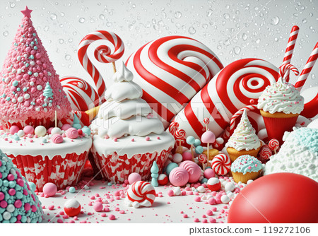 A beautiful, dreamy candy land with red and and white sweets, lollipops, cream cupcakes and candy balls. Miniature candies, sprinkles and a pink sugar Christmas tree. Artistic food illustration A beautiful, dreamy candy land with red and and white sweets, lollipops, cream cupcakes and candy balls. Miniature candies, sprinkles and a pink sugar Christmas tree. Artistic food illustration 119272106