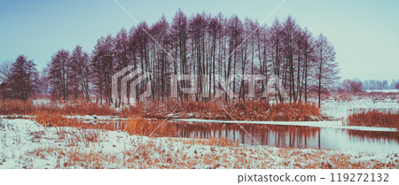Winter rural landscape with brook. First snow in the field. Winter nature. Nature background. Horizontal banner Winter rural landscape with brook. First snow in the field. Winter nature. Nature background. Horizontal banner 119272132