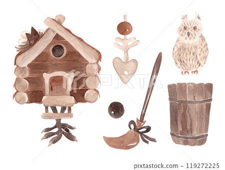 Magical items. Witchcraft and esotericism. Witch entourage set. Watercolor isolated illustrations for Halloween 119272225