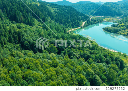 Drone view of a mountain river with a dam. The mountains are covered with forest. Mountain landscape in summer Drone view of a mountain river with a dam. The mountains are covered with forest. Mountain landscape in summer 119272232