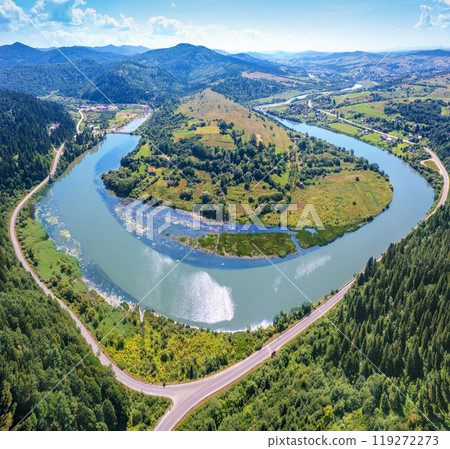 River meander in a mountain valley in summer. Drone view 119272273