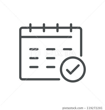 Calendar Icon with Checkmark for Task Completion, Event Scheduling, and Deadline Management. Editable Line Vector Design. Calendar Icon with Checkmark for Task Completion, Event Scheduling, and Deadline Management. Editable Line Vector Design. 119272281
