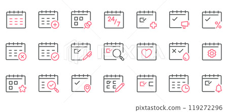 Editable Line Vector Calendars Collection. Colorful Calendar Icon Set with Various Symbols for Task Management, Event Scheduling, Reminders, and Planning. 119272296