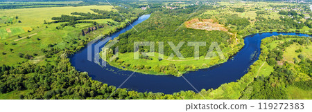 Panorama landscape of a winding river (meandering river) on a sunny day. View from above. Horizontal banner 119272383