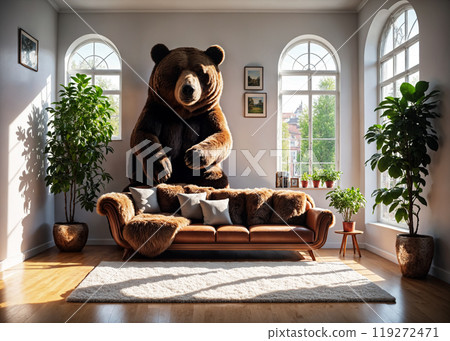 A brown grizzly bear stand behind on a comfortable couch and looking into camera in a sunny guest room. The room is decorated with avocado trees. Funny creative interior illustration 119272471