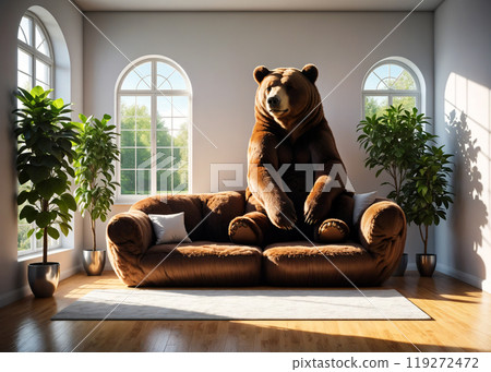 A brown grizzly bear sits on a comfortable couch and relax in a sunny guest room. The room is decorated with avocado trees. Funny creative interior illustration 119272472