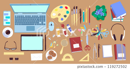 Top view artists workplace with laptop 119272502