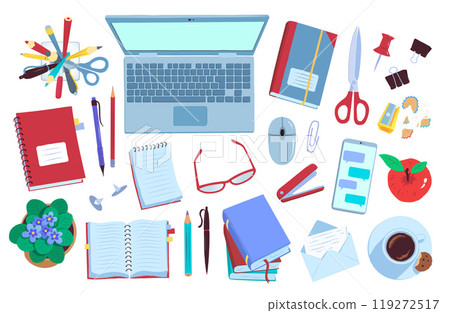 Top view illustration of workplace with laptop 119272517