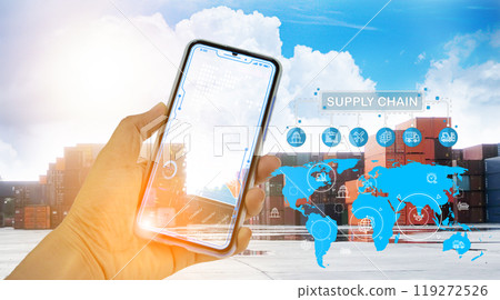 Supply Chain Management concept transportation and logistic suppliers, import export and transport industry. network distribution growth. container cargo ship and trucks of industrial cargo freight 119272526