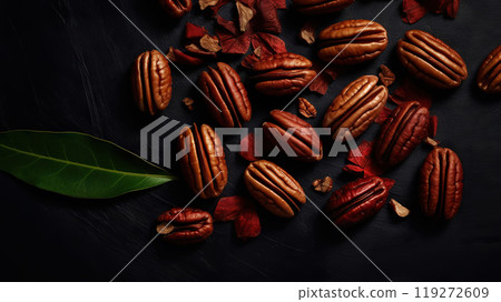 Dry organic Pecan Nuts top view on dark background. Healthy nuts. Generative AI 119272609