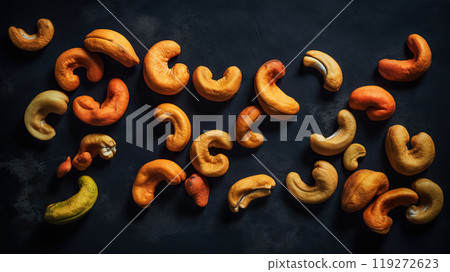 Cashew nuts on dark background. Healthy snack concept. Organic cashew. Generative AI 119272623