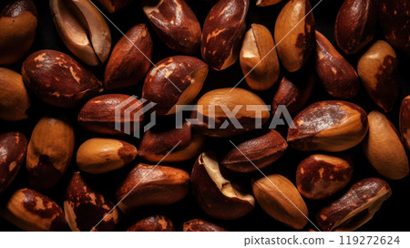 Many delicious Brazil nuts as background, top view. Generative AI 119272624