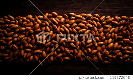 Pile of pine nuts on dark background. Food backdrop. Generative AI 119272648
