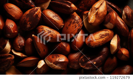 Many delicious Brazil nuts as background, top view. Generative AI 119272679