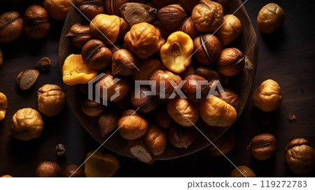 Ginkgo nuts on dark background. Generative AI 119272783