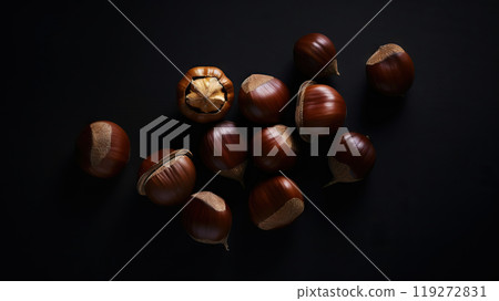 Top view on heap of chestnuts on dark backdrop. Pile of ripe chestnuts for food background. Generative AI 119272831