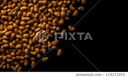 Many roasted peanuts on dark background. Food Backdrop. Generative AI 119272855