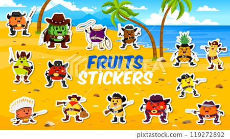 Cartoon cowboy, ranger, sheriff and robber fruit characters, vector stickers pack. Funny Wild West or Western fruit characters stickers of watermelon cowboy, banana sheriff and pineapple ranger Cartoon cowboy, ranger, sheriff and robber fruit characters, vector stickers pack. Funny Wild West or Western fruit characters stickers of watermelon cowboy, banana sheriff and pineapple ranger 119272892