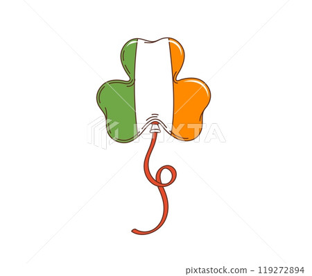 Cartoon irish groovy balloon, saint patrick day ballon in shape of shamrock clover in national green, white and orange country colors. Isolated vector balloon, symbol of luck, celebration and festival 119272894