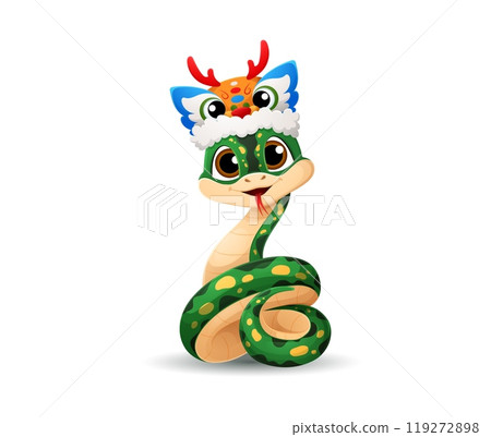 Cartoon green snake with yellow spots wears a colorful dragon hat with red antlers. Playful vector reptile snake sticks out its tongue, representing the 2025 lunar year in Chinese zodiac and culture Cartoon green snake with yellow spots wears a colorful dragon hat with red antlers. Playful vector reptile snake sticks out its tongue, representing the 2025 lunar year in Chinese zodiac and culture 119272898
