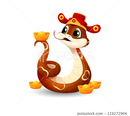 Cartoon snake in a traditional Chinese hat, balances a gold ingot on its tail. Isolated vector brown reptile zodiac animal symbol symbolizes prosperity, wealth and good fortune for the 2025 lunar year 119272904