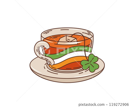 Cartoon Irish tea cup, saint Patrick day beverage. Isolated vector glass transparent mug on saucer with Ireland flag colors of green, white and orange, and teabag with shamrock, clover trefoil plant 119272906