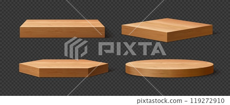 3d realistic wooden podium stage pedestals, plates, displays or stages. Vector circular, square and hexagonal studio stands or platforms with natural wood grain texture. Boards for showcasing products 3d realistic wooden podium stage pedestals, plates, displays or stages. Vector circular, square and hexagonal studio stands or platforms with natural wood grain texture. Boards for showcasing products 119272910