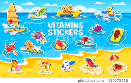 Stickers pack of cartoon vitamin characters on summer vacation. Vector supplement capsules enjoying beach and water activities, such as surfing, swimming, and sunbathing, windsurfing and supboarding 119272916