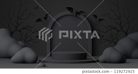 3d black Halloween podium stage. Vector eerie background with charcoal stage and arch surrounded by flying bats, clouds and bare trees. Dark scene creates spooky vibe for Halloween holiday promotions 3d black Halloween podium stage. Vector eerie background with charcoal stage and arch surrounded by flying bats, clouds and bare trees. Dark scene creates spooky vibe for Halloween holiday promotions 119272925