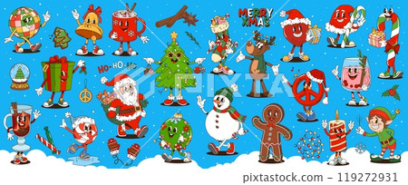 Retro cartoon groovy Christmas characters, Xmas and New Year holidays vector stickers. Funny Santa Claus, Christmas tree and snowman with gift. Funky hippie peace sign and candy cane groovy personages Retro cartoon groovy Christmas characters, Xmas and New Year holidays vector stickers. Funny Santa Claus, Christmas tree and snowman with gift. Funky hippie peace sign and candy cane groovy personages 119272931