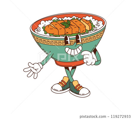 Cartoon groovy katsudon donburi character with a hippie vibe. Isolated vector fun and engaging traditional Japanese cuisine food personage. Bowl with pork cutlet and rice in a sweet and savory sauce 119272933