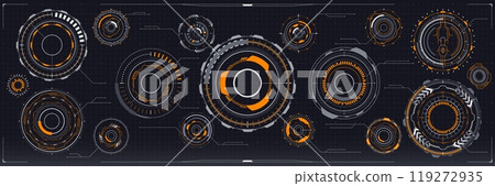 Futuristic digital technology HUD elements, cyber UI interface vector graphic. Abstract circles of future tech control panel, Sci Fi game head up display holograms with round orange frames Futuristic digital technology HUD elements, cyber UI interface vector graphic. Abstract circles of future tech control panel, Sci Fi game head up display holograms with round orange frames 119272935