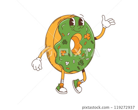 Cartoon green groovy donut character, saint Patrick day holiday personage. Isolated vector doughnut pastry with glaze and colorful clover sprinkles in retro hippie style or vintage nostalgic 70s vibes 119272937