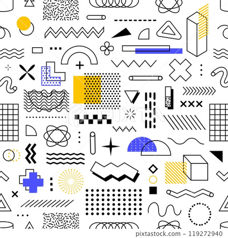 Geometric Memphis shapes seamless pattern with abstract shapes. Vector vintage hipster tile background with linear figures. Trendy repeated ornament, creative wallpaper, wrapping paper or fabric print Geometric Memphis shapes seamless pattern with abstract shapes. Vector vintage hipster tile background with linear figures. Trendy repeated ornament, creative wallpaper, wrapping paper or fabric print 119272940