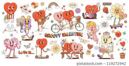 Cartoon retro groovy Valentine heart characters and symbols in 70s hippie art, comic vector personages. Funny groovy hearts in love on bicycle ride, angel with arrows, wedding cake and rainbow ribbon 119272942