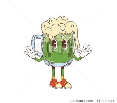Cartoon retro groovy beer ale character, saint patrick day holiday personage. Isolated vector glass cup filled with traditional, green, foamy Irish drink, cheerful funky face, ready for celebration 119272944