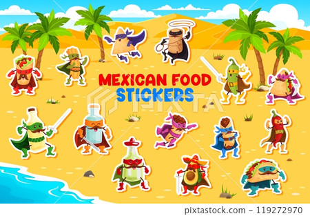 Cartoon superhero Mexican food characters on tropical beach with golden sand and palm trees. Cartoon vector burrito, nacho, tamale, jalapeno pepper and taco. Tequila and hot sauce bottle and avocado Cartoon superhero Mexican food characters on tropical beach with golden sand and palm trees. Cartoon vector burrito, nacho, tamale, jalapeno pepper and taco. Tequila and hot sauce bottle and avocado 119272970