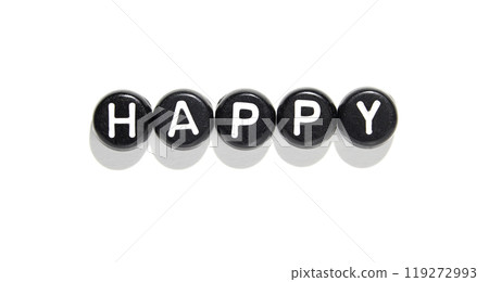 Black stones with white letters forming the word happy on white background 119272993