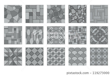 Grey stone street pavement patterns. Paving tile, cobblestone brick and stone floor samples top view. Vector concrete walkway, alley, outdoor patio repeat surface. Street gray garden sidewalk mosaic 119273000