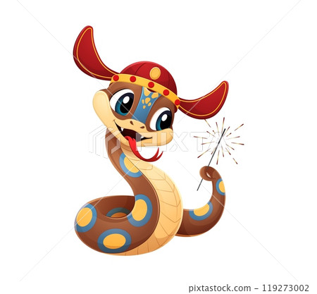 Cartoon snake character wearing a festive hat celebrates the Chinese New Year 2025. Vector funny reptile holding a sparkler, symbolizing holiday festivity, joy and excitement, happiness and tradition 119273002