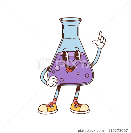 Groovy chemical flask character. Retro education school beaker purple bubbling liquid and happy expression, promoting chemistry science and playful learning environments in a fun and engaging approach 119273007